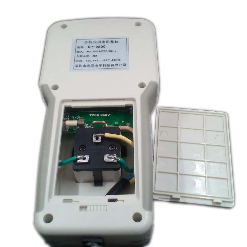 Wholesale HOPI HP-9800 Handheld Power Meter | Power Analyzer & LED Tester | Digilog.pk - with its white plastic back cover removed, revealing the internal fuse, wiring, and a black electrical component.