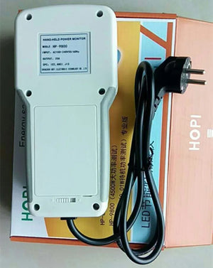 Wholesale HOPI HP-9800 Handheld Power Meter | Power Analyzer & LED Tester | Digilog.pk - the white back casing, battery compartment, and attached power cord with a plug, resting on its product box.