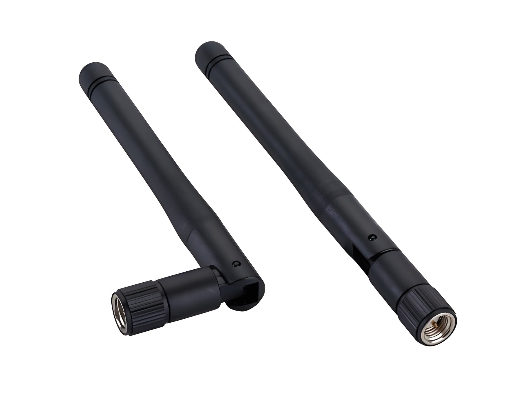 Wi-Fi Antenna SCREW/ THREAD FITTING - two black, adjustable Wi-Fi antennas with threaded metal connectors, one positioned straight and one angled.