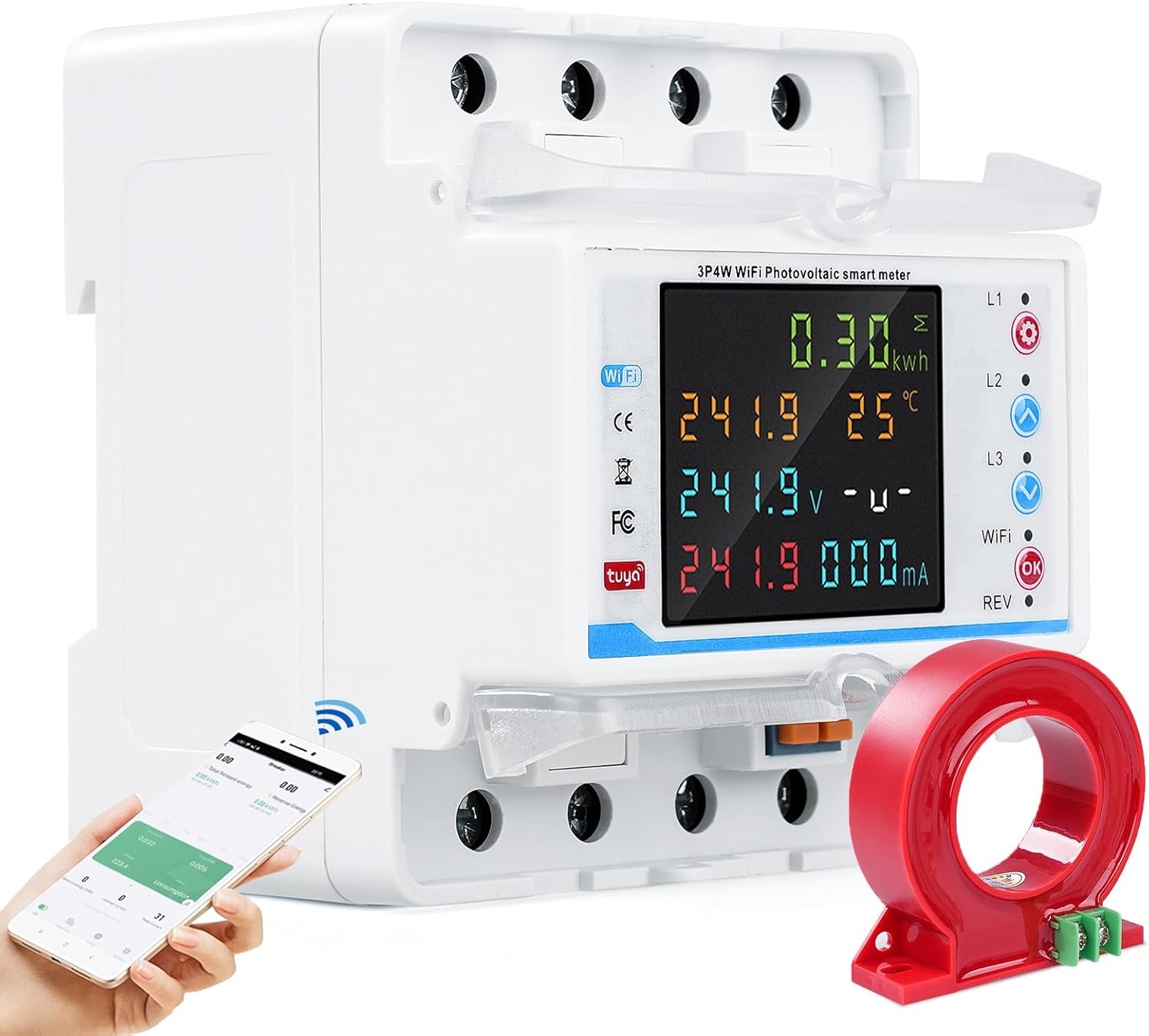 WiFi Electricity Meter 3 Phase 100 A Tuya Compatible Smart Energy Meter with Safety Features for Home Use price - a white device with a digital display, side buttons, and a red current sensor.