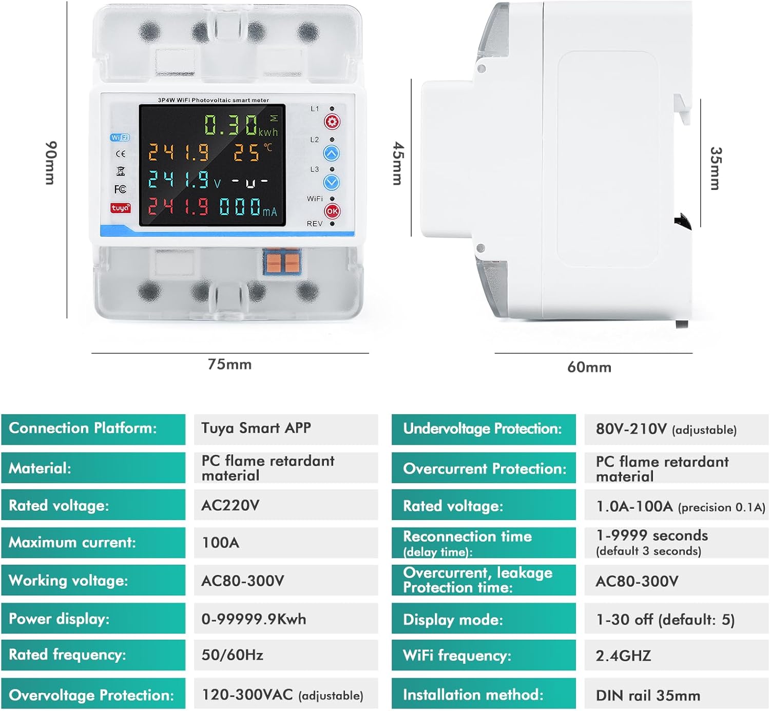 WiFi Electricity Meter 3 Phase 100 A Tuya Compatible Smart Energy Meter with Safety Features for Home Use price - front and side views with dimensions and a technical specification table.
