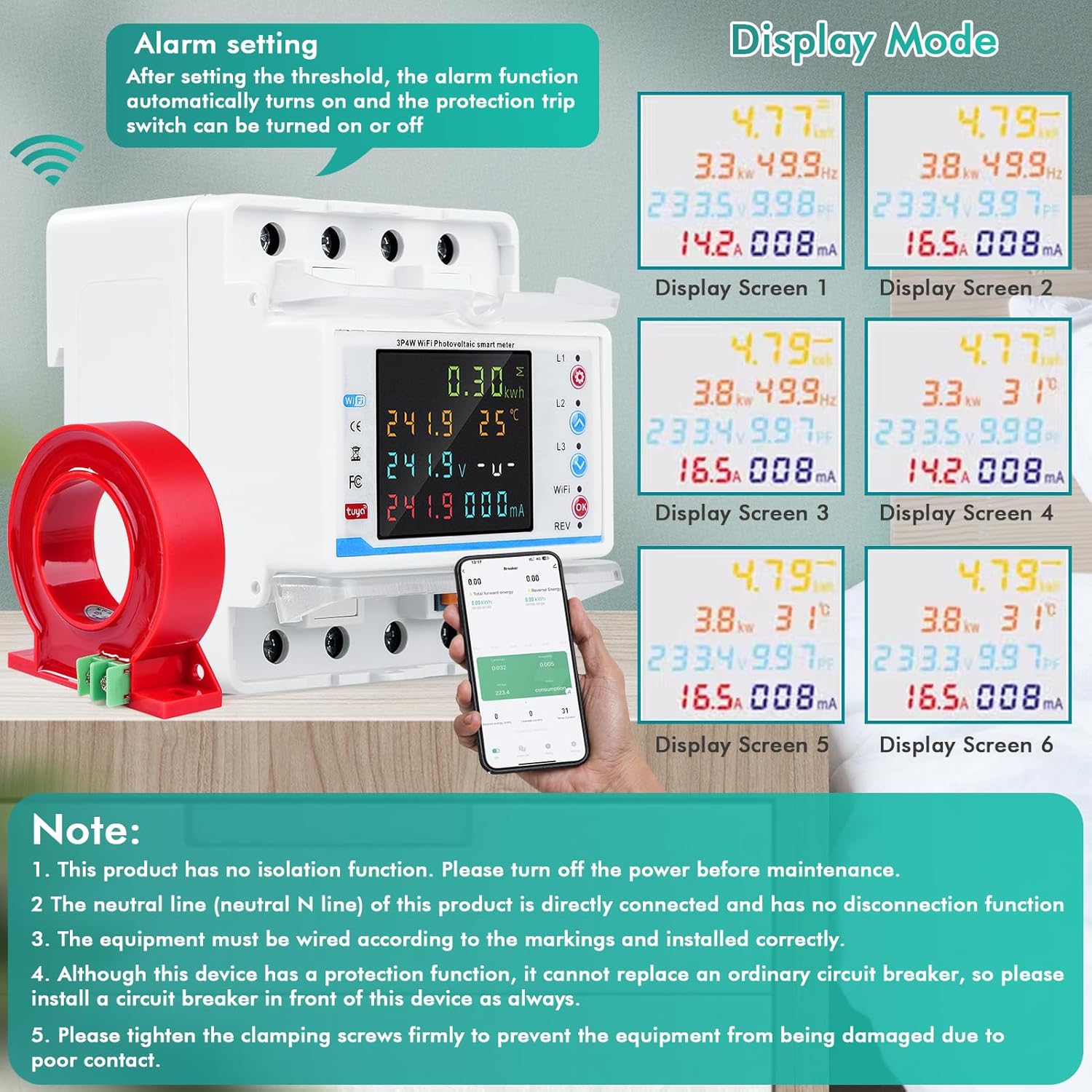WiFi Electricity Meter 3 Phase 100 A Tuya Compatible Smart Energy Meter with Safety Features for Home Use price - a white smart meter with a digital display, a red current transformer, and six screen modes with technical data.
