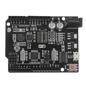 WiFi R3 ATMEGA328P + ESP8266 Development Board | Arduino UNO WiFi CH340G - a black rectangular circuit board featuring a DC power jack, USB port, reset button, and DIP switches.