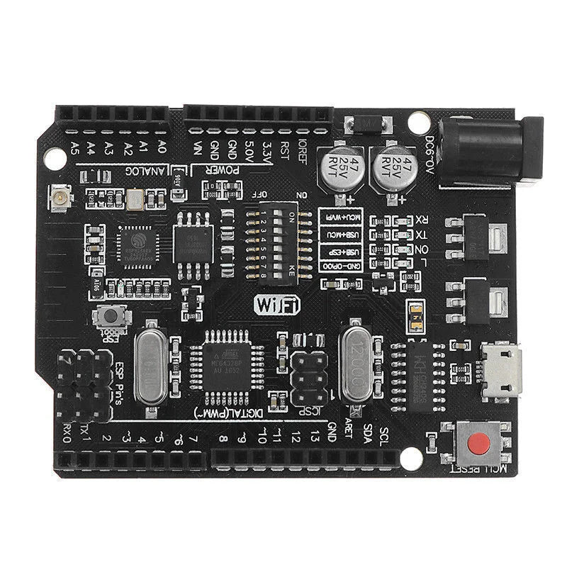 WiFi R3 ATMEGA328P + ESP8266 Development Board | Arduino UNO WiFi CH340G - a black rectangular circuit board featuring a DC power jack, USB port, reset button, and DIP switches.