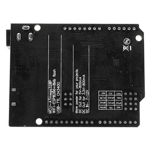 WiFi R3 ATMEGA328P + ESP8266 Development Board | Arduino UNO WiFi CH340G - shown as a black circuit board from the bottom side with visible pin headers and printed text labels.