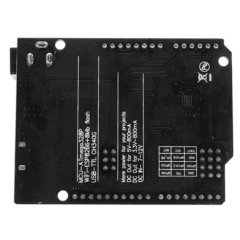 WiFi R3 ATMEGA328P + ESP8266 Development Board | Arduino UNO WiFi CH340G - shown as a black circuit board from the bottom side with visible pin headers and printed text labels.