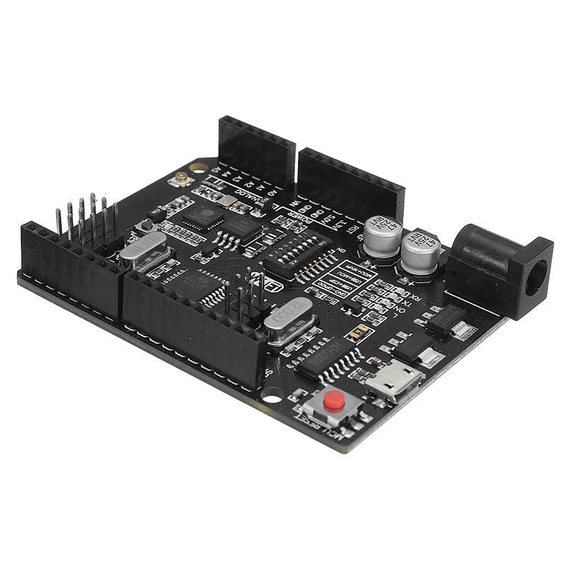 WiFi R3 ATMEGA328P + ESP8266 Development Board | Arduino UNO WiFi CH340G - a black circuit board featuring a red reset button, USB port, power jack, and multiple pin headers.