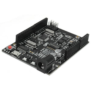 WiFi R3 ATMEGA328P + ESP8266 Development Board | Arduino UNO WiFi CH340G - a black circuit board featuring a micro-USB port, a power jack, a red button, and pin headers.