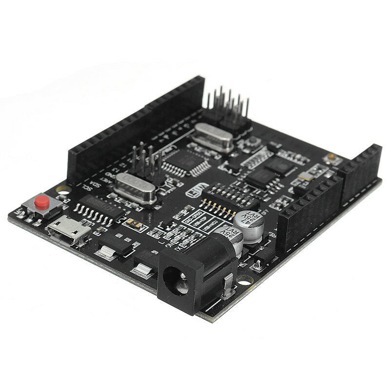 WiFi R3 ATMEGA328P + ESP8266 Development Board | Arduino UNO WiFi CH340G - a black circuit board featuring a micro-USB port, a power jack, a red button, and pin headers.
