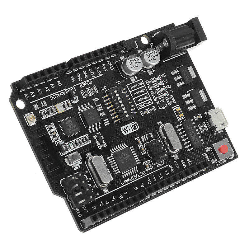 WiFi R3 ATMEGA328P + ESP8266 Development Board | Arduino UNO WiFi CH340G - a black rectangular circuit board with a DC power jack, USB port, reset button, and pin headers.