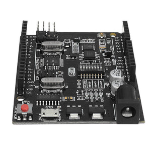 WiFi R3 ATMEGA328P + ESP8266 Development Board | Arduino UNO WiFi CH340G - a black rectangular circuit board with a DC power jack, USB port, reset button, and pin headers.