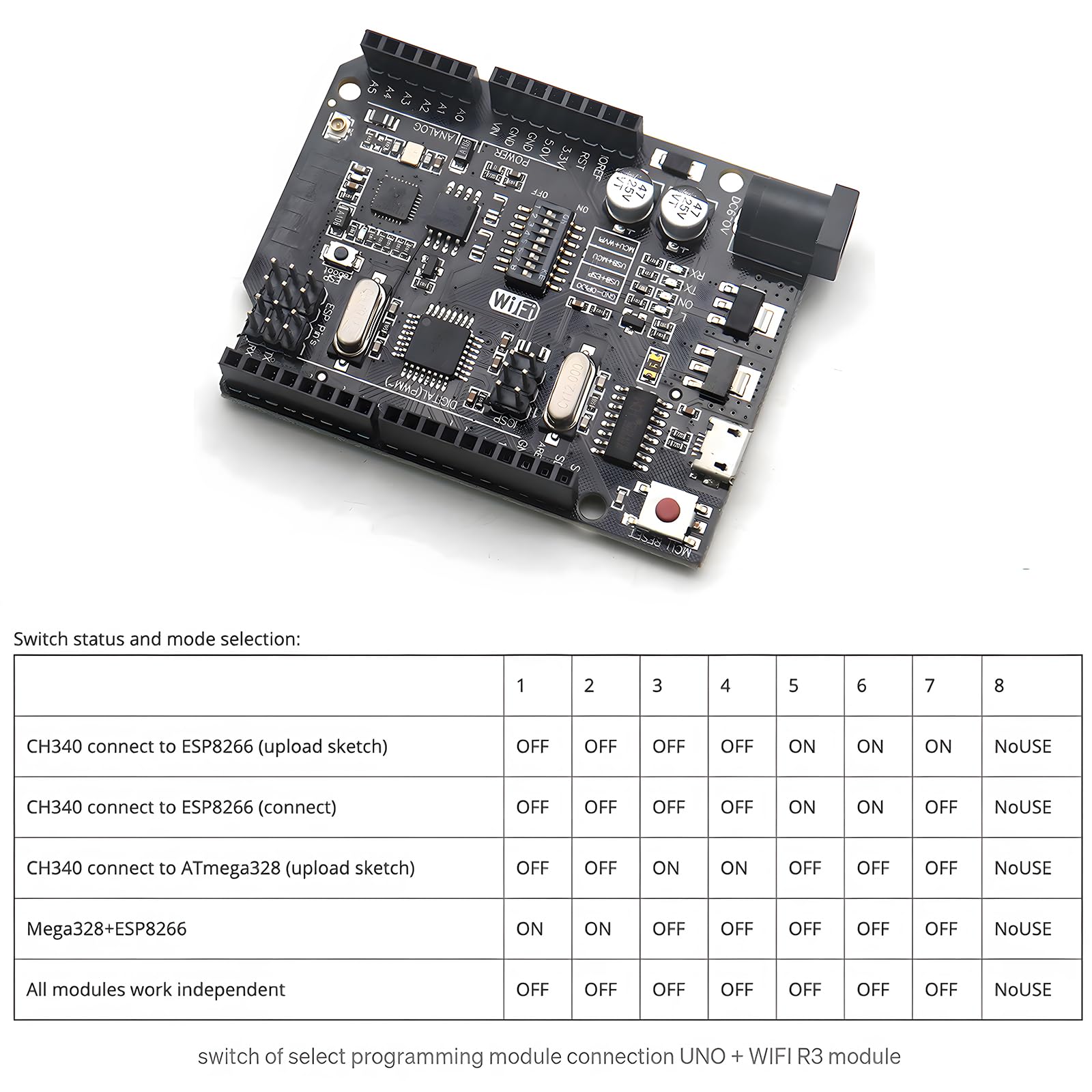 WiFi R3 ATMEGA328P + ESP8266 Development Board | Arduino UNO WiFi CH340G - shown with a black circuit board, various ports, a red button, and a switch status configuration table.
