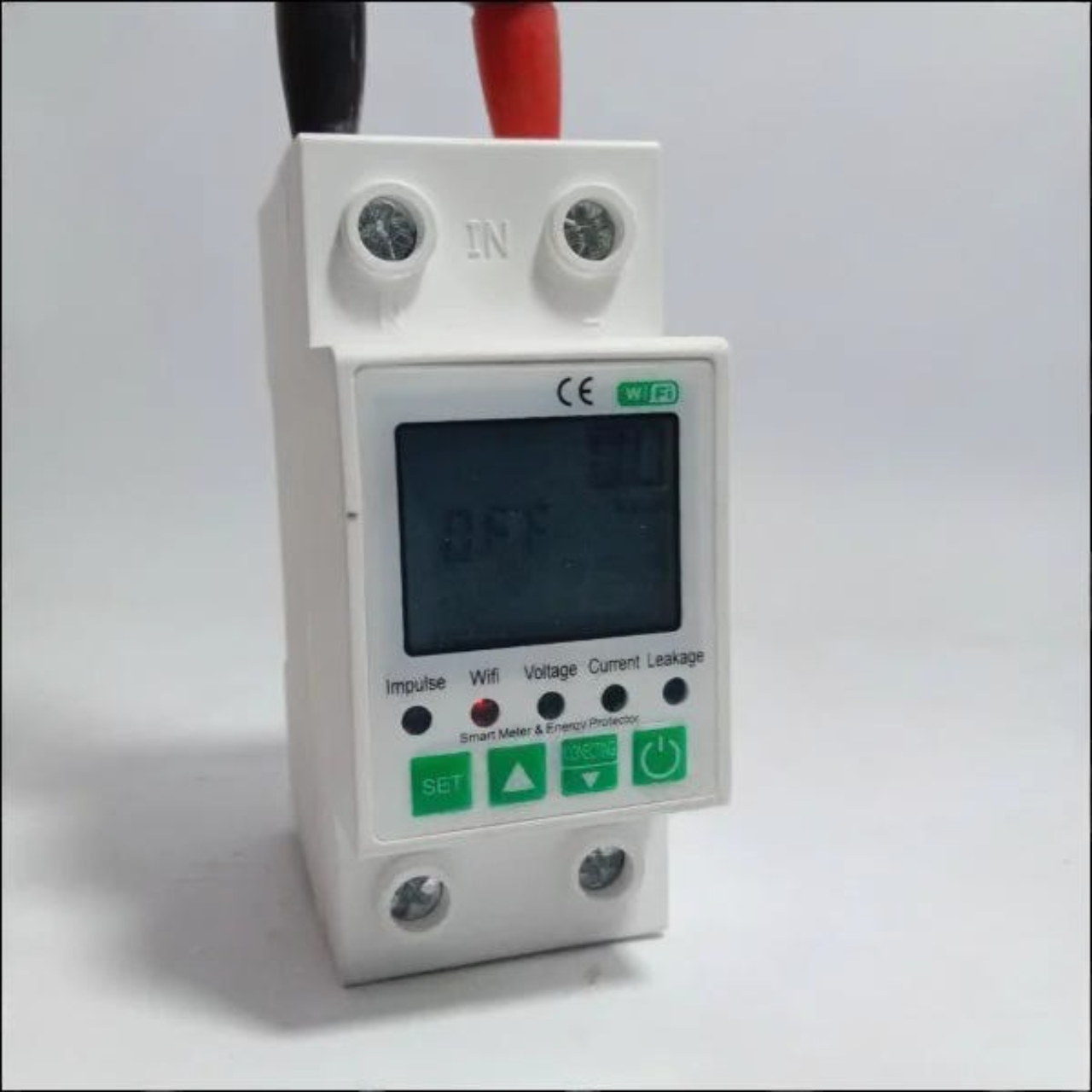 WiFi Smart Meter & Energy Protector (10-in-1) - a white modular device with a digital screen displaying "OFF," buttons, indicator lights, and two top connectors.