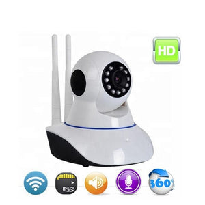 WiFi Smart Net Camera Q20 Black - Wireless IP Camera with Pan/Tilt, Two-Way Audio & Night Vision - a white and black wireless IP camera with two antennas, a lens surrounded by infrared LEDs, and five icons below it.