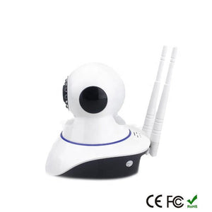 WiFi Smart Net Camera Q20 Black - Wireless IP Camera with Pan/Tilt, Two-Way Audio & Night Vision - a white and black wireless IP camera with two antennas, a spherical rotating head, and a blue ring accent.
