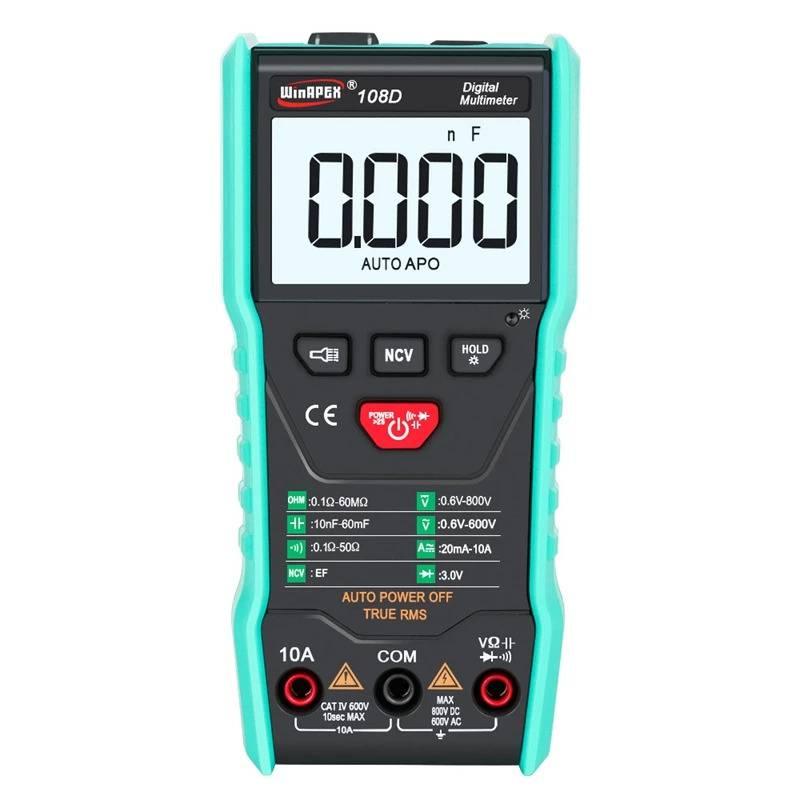 Winapex 108D Digital Multimeter Auto True RMS 5999 Mearuring AC/DC Voltage Current Ohm NCV Capacitance Meter Backlit Flashlight - teal and black, showing a screen reading 0.000 nF, function buttons, and three input ports at the bottom.