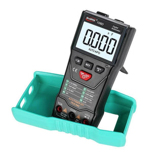 Winapex 108D Digital Multimeter Auto True RMS 5999 Mearuring AC/DC Voltage Current Ohm NCV Capacitance Meter Backlit Flashlight - teal silicone protective case, showing the display reading 0.000 nF, buttons, and input ports.