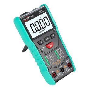 Winapex 108D Digital Multimeter Auto True RMS 5999 Mearuring AC/DC Voltage Current Ohm NCV Capacitance Meter Backlit Flashlight - teal and black, showing the front display reading 0.000, function buttons, and three input ports at the bottom.