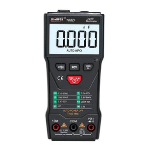 Winapex 108D Digital Multimeter Auto True RMS 5999 Mearuring AC/DC Voltage Current Ohm NCV Capacitance Meter Backlit Flashlight - a front-facing view with a screen reading 0.000, control buttons, and three input ports at the bottom.