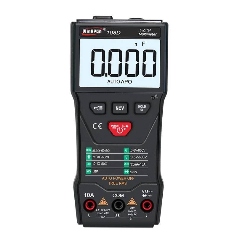 Winapex 108D Digital Multimeter Auto True RMS 5999 Mearuring AC/DC Voltage Current Ohm NCV Capacitance Meter Backlit Flashlight - a front-facing view with a screen reading 0.000, control buttons, and three input ports at the bottom.