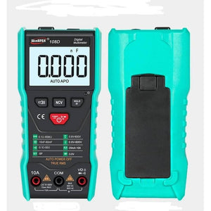 Winapex 108D Digital Multimeter Auto True RMS 5999 Mearuring AC/DC Voltage Current Ohm NCV Capacitance Meter Backlit Flashlight - front and back views with a digital display reading 0.000, control buttons, and input ports.