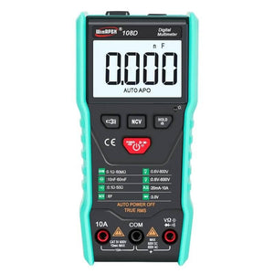 Winapex 108D Digital Multimeter Auto True RMS 5999 Mearuring AC/DC Voltage Current Ohm NCV Capacitance Meter Backlit Flashlight - teal and black, featuring a screen displaying 0.000 nF, control buttons, and three input ports at the bottom.