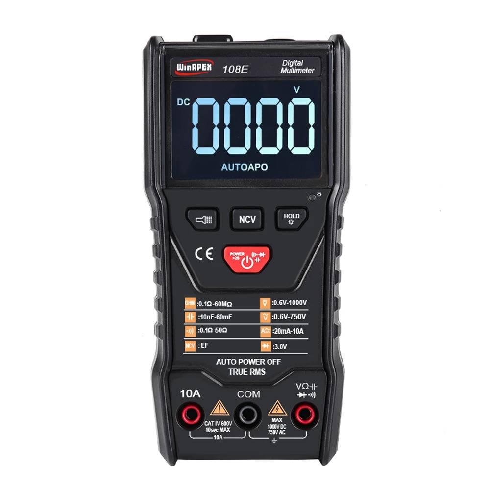 Winapex 108E 6000 Counts True RMS Digital Multimeter Automatic Voltage Current Resistance Meter With LCD Screen - a black handheld device with a large LCD screen showing 0000, control buttons, and three input ports at the bottom.