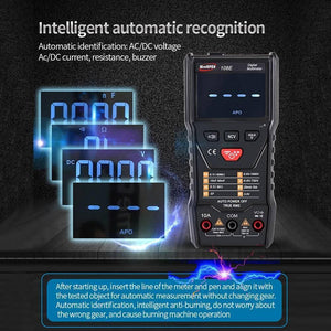 Winapex 108E 6000 Counts True RMS Digital Multimeter Automatic Voltage Current Resistance Meter With LCD Screen - its black handheld body, display screen, control buttons, input ports, and graphical overlays of measurement icons.