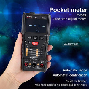Winapex 108E 6000 Counts True RMS Digital Multimeter Automatic Voltage Current Resistance Meter With LCD Screen - held in a hand, showing a black rectangular body, LCD screen with dashes, NCV and power buttons, and three input ports.