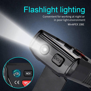Winapex 108E 6000 Counts True RMS Digital Multimeter Automatic Voltage Current Resistance Meter With LCD Screen - the integrated LED flashlight, NCV button, and a circular inset highlighting the flashlight power button.