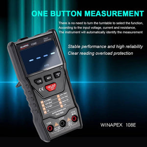 Winapex 108E 6000 Counts True RMS Digital Multimeter Automatic Voltage Current Resistance Meter With LCD Screen - a black handheld device with a screen showing four dashes, buttons, and three input ports on a blue background.