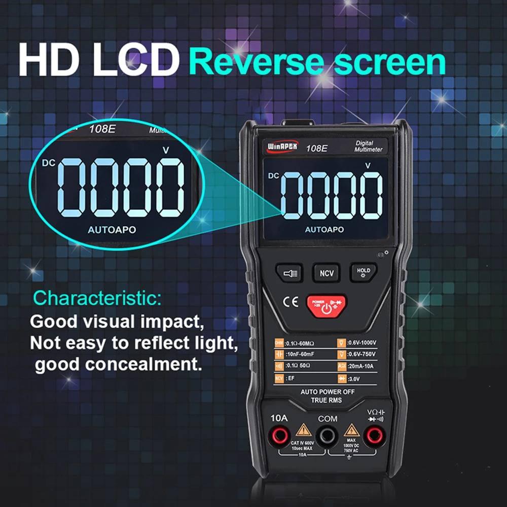 Winapex 108E 6000 Counts True RMS Digital Multimeter Automatic Voltage Current Resistance Meter With LCD Screen - black casing, featuring a backlit LCD screen showing 0000, control buttons, and three input ports at the bottom.
