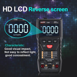 Winapex 108E 6000 Counts True RMS Digital Multimeter Automatic Voltage Current Resistance Meter With LCD Screen - black casing, featuring a backlit LCD screen showing 0000, control buttons, and three input ports at the bottom.