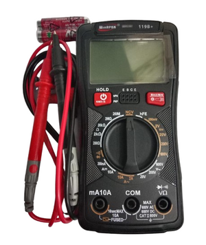 WinAPEX 119B+ Digital Multimeter DMM - a black handheld unit with a rotary dial, input ports, buttons, and red and black test leads with two batteries.