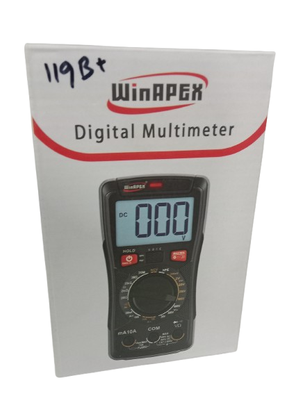 WinAPEX 119B+ Digital Multimeter DMM - shown in its retail box, featuring a black device with a digital display reading 000, a rotary dial, and ports.