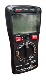 WinAPEX 119C+ Digital Multimeter DMM - a black handheld body, a blank display screen, a central rotary dial, red function buttons, and input ports.