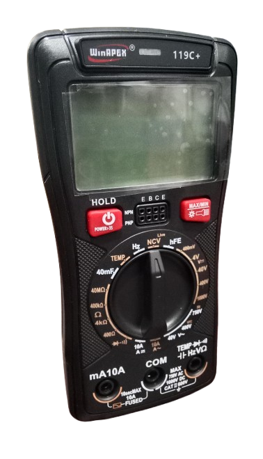 WinAPEX 119C+ Digital Multimeter DMM - a black handheld body, a blank display screen, a central rotary dial, red function buttons, and input ports.