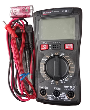 WinAPEX 119C+ Digital Multimeter DMM - shown with black casing, rotary dial, ports, buttons, a blank screen, two red and black test leads, and two AAA batteries.