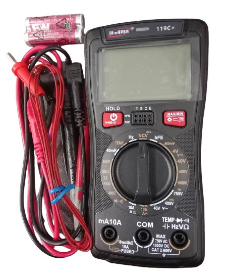 WinAPEX 119C+ Digital Multimeter DMM - shown with black casing, rotary dial, ports, buttons, a blank screen, two red and black test leads, and two AAA batteries.