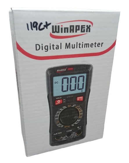 WinAPEX 119C+ Digital Multimeter DMM - shown in its retail box, featuring a black handheld device with a screen displaying 000 V and a rotary dial.