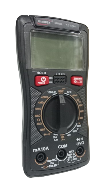 WinAPEX 119D+ Digital Multimeter DMM - a black handheld device with a blank screen, central rotary dial, red function buttons, and three input ports.