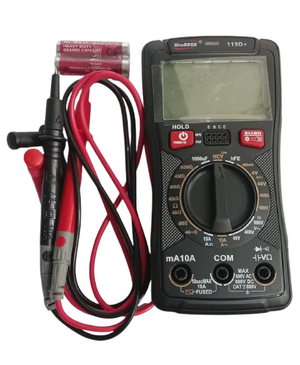 WinAPEX 119D+ Digital Multimeter DMM - shown with its black casing, rotary dial, ports, blank screen, two test leads, and two batteries.