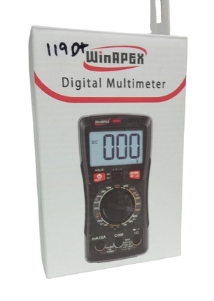 WinAPEX 119D+ Digital Multimeter DMM - shown in its white retail packaging box, featuring an illustration of the black multimeter with a digital display reading 000.