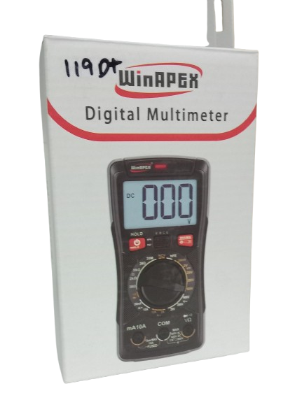 WinAPEX 119D+ Digital Multimeter DMM - shown in its white retail packaging box, featuring an illustration of the black multimeter with a digital display reading 000.