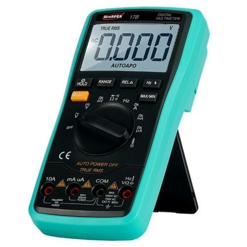Winapex 17B Digital Multimeter DMM - a rotary dial, buttons, input ports, and a screen displaying 0.000 V while standing on a kickstand.