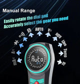WinAPEX 189C Smart Rotary Multimeter High Precision 5999 Counts DC/AC Voltage Current Resistance Capacitance Frequency Temperature Overload Protection - a close-up of the dial and screen displaying "Auto" with arrows pointing to various measurement settings.