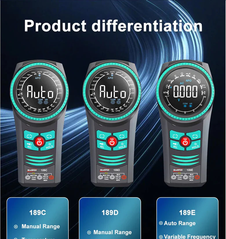 WinAPEX 189C Smart Rotary Multimeter High Precision 5999 Counts DC/AC Voltage Current Resistance Capacitance Frequency Temperature Overload Protection - 189D, and 189E digital multimeters in grey with circular displays, control buttons, and ports, shown in a product comparison graphic.