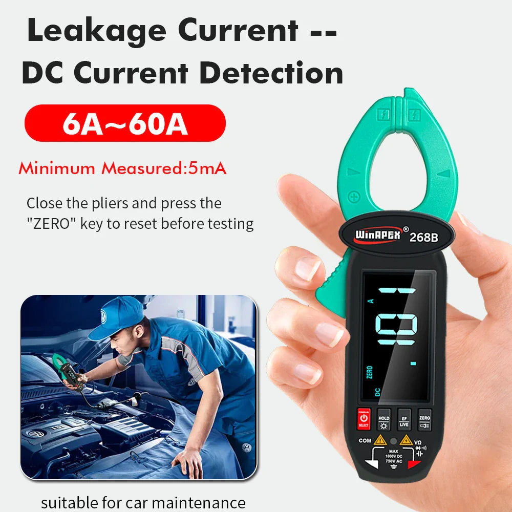 WINAPEX 268A meter - WINAPEX 268B clamp meter with a green jaw and black body, showing a digital display reading 10.1, control buttons, and a person using it on a car.