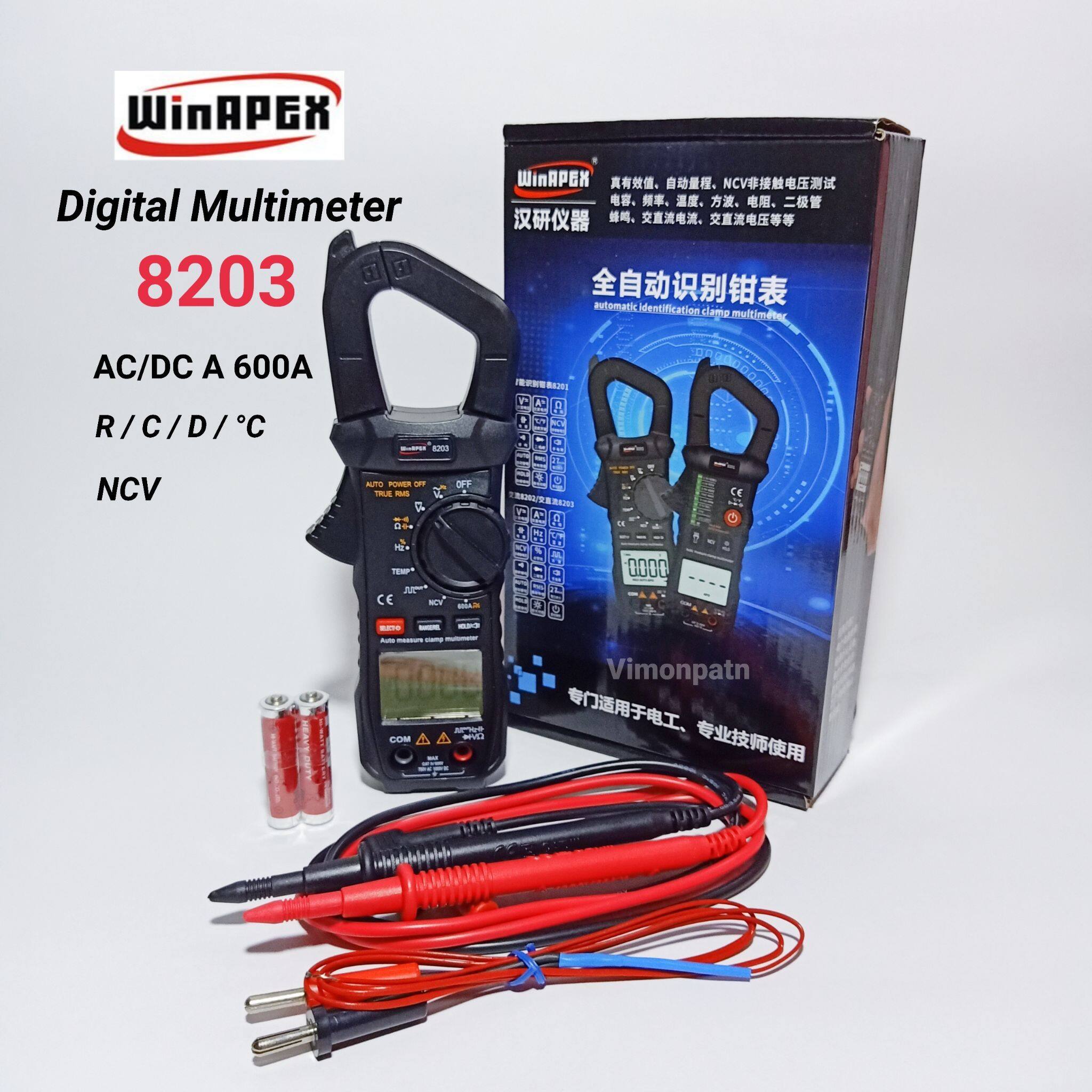 WinAPEX 8203 600A AC/DC Solar Digital Clamp Meter - with a black body, rotary dial, digital display, two batteries, and red and black test leads next to its product box.