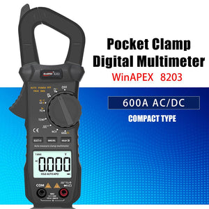 WinAPEX 8203 600A AC/DC Solar Digital Clamp Meter - a black handheld device with a rotary dial, function buttons, and a digital display reading 0.000.